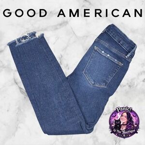 Good American Skinny Jeans Women 6/28 Dark Wash Frayed Hem High Rise Stretch
